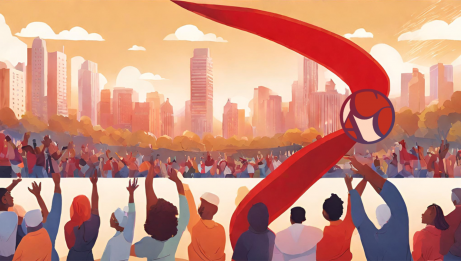Illustration de personnes saluant de la main devant un paysage urbain lointain. Un ruban rouge est superposé pour représenter la Journée mondiale de lutte contre le SIDA.