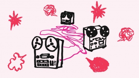 An illustration featuring three aerophone machines interconnected with pink squiggles. Surrounding them are illustrated bubbles and stars, creating a whimsical and enchanting scene.
