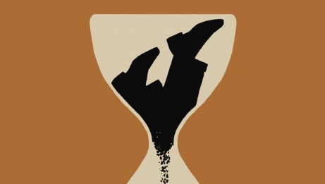 Illustration of person's feet disappearing into a hourglass.