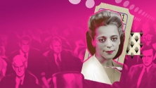 An image of Viola Desmond appears on an old, torn movie ticket. In the background is a blurred image of white men in a theatre.  