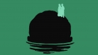 Illustration featuring an imposing head emerging from the water, resembling an island, upon which two characters stand. 