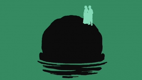 Illustration featuring an imposing head emerging from the water, resembling an island, upon which two characters stand. 