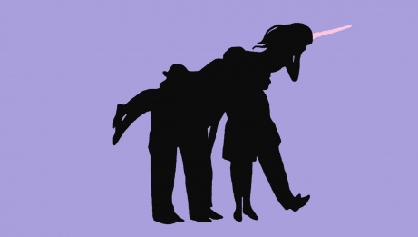 Four figures standing one behind the other carry a fifth body horizontally above them, creating the effect of a unicorn silhouette. 