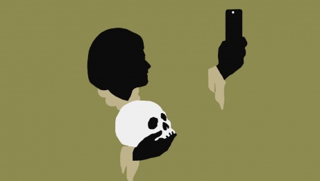 Profile illustration of a figure reminiscent of Shakespeare, holding a skeleton skull in one hand and a cell phone in the other.