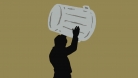 Illustration of a silhouette of a man in profile, holding a metal dustbin above his head and gesturing to empty it. © Gérard DuBois