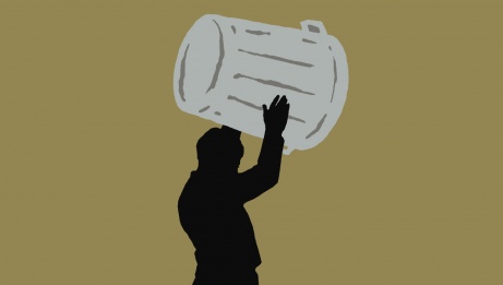 Illustration of a silhouette of a man in profile, holding a metal dustbin above his head and gesturing to empty it.
