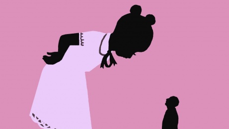 Against a pink background, a little girl in a white dress leans over and looks down at the miniature silhouette of an adult.
