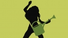 Illustration showing the silhouette of a woman holding a watering can like an electric guitar.  