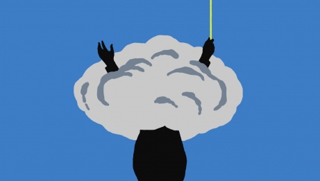 Illustration showing a conductor with his arms raised to the sky, but his upper body hidden in a cloud. His golden baton pierces the cloud. 