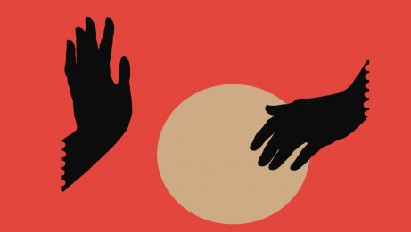 Against a red background, two black hands appear to be beating time on a drum. 