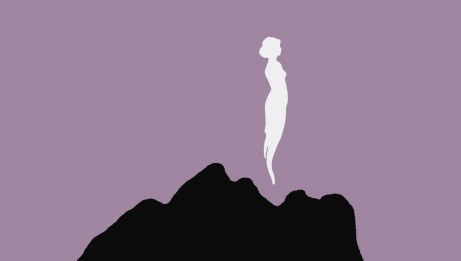 Profile illustration of a face looking skyward. It looks like a mountain. A wisp of smoke emanates from the mouth, reminiscent of a woman's body.