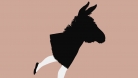 Against a pink background, we see the silhouette of a young girl who seems to be taking flight. She's wearing white tights and a black dress, and her upper body is a huge donkey's head. 
