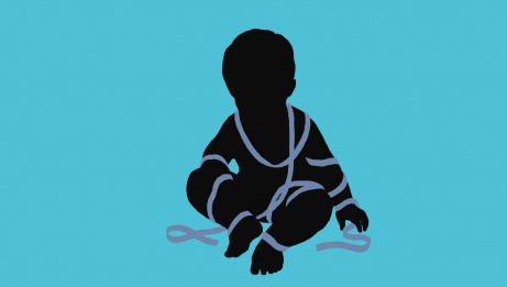 Illustration of a seated baby with only the black outline visible. He wears a long blue ribbon around his neck.  