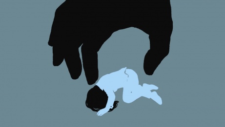  Illustration of a woman's body curled up on the ground. Above her floats a huge hand that seems intent on imprisoning her body. 