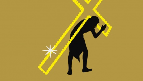 Illustration of the silhouette of a man with a bent back, carrying a huge golden cross with a sparkling end.