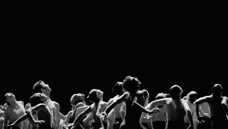 A group of dancers from the waist up looking towards the light. 