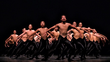 A large group of dancers on stage in black tights and skin toned tops, with arms floating up.