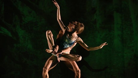 Evoking a pair of graceful frogs, one dancer suspends the other by their feet against a dark green backdrop. 