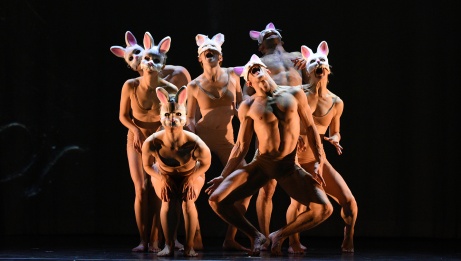 A group of 7 dancers in rabbit masks in various expressive poses. 
