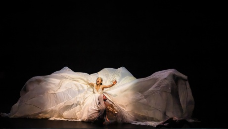 A dancer emerges out of an enormous white dress against a black background.  © David Wong