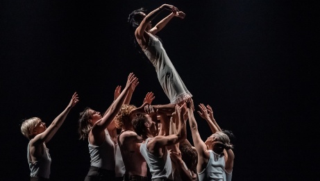 A group of dancers stand with arms raised to catch a dancer falling backwards