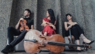 Three seated musicians pose with their instruments - a viola, a cello, and a violin - against a pebble-textured wall.  