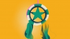 Illustration of a turquoise star within a hoop on a yellow background. 