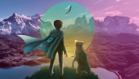 Illustration of a young boy in a cape facing mountains.
