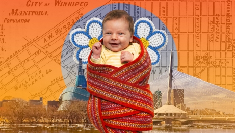 Smiling baby wrapped in a Métis sash.