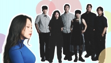 Un groupe h&eacute;t&eacute;roclite de musiciens pose avec assurance devant un d&eacute;cor color&eacute;. De gauche &agrave; droite : Maria Kim et Dosi. Leurs styles uniques allient tenues traditionnelles et modernes. 