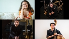 Un collage repr&eacute;sentant quatre musiciens se produisant sur sc&egrave;ne, mettant en valeur divers instruments et styles dans une ambiance de concert anim&eacute;e. 