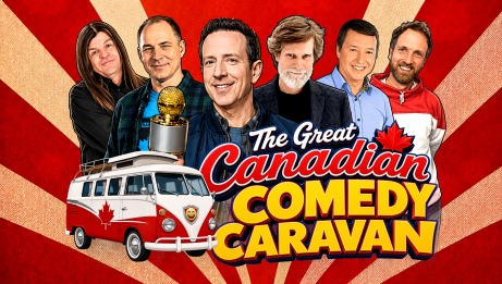Une affiche promotionnelle de la &laquo; Great Canadian Comedy Caravan &raquo; mettant en avant les humoristes.